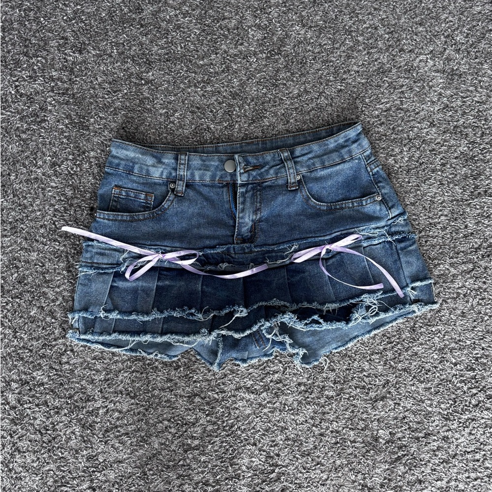 Denim Mini Skort with Frayed Hem
